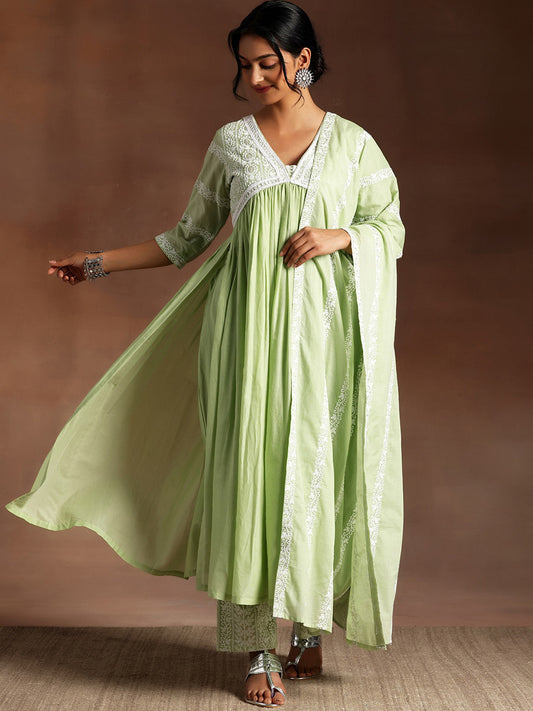 Ethnic Motifs High Slit Thread Work Pure Cotton Kurta with Palazzos & Dupatta