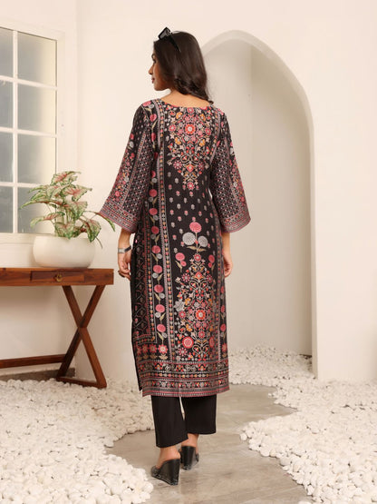 Dhiyona VA Women'sFloral Printed V-Neck A-Line Chanderi Silk Straight Kurta with Trousers