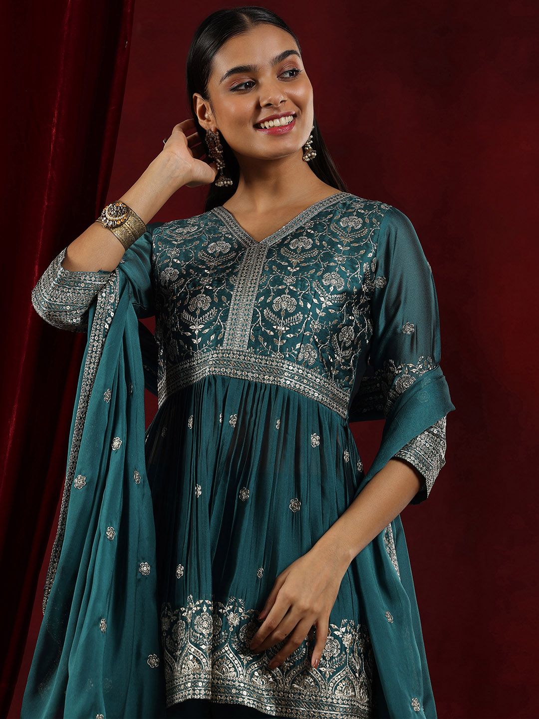 Dhiyona LL Womens Teal Embroidered A-Line Kurti With Sharara & Dupatta