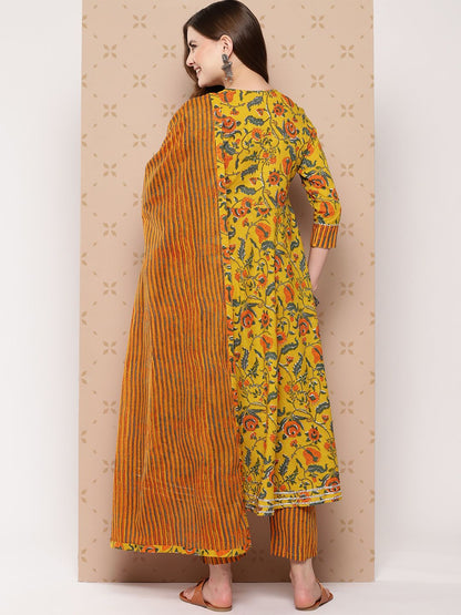 Dhiyona KL Pure Cotton Floral Printed Anarkali Gotta Patti Kurta With Trousers & With Dupatta