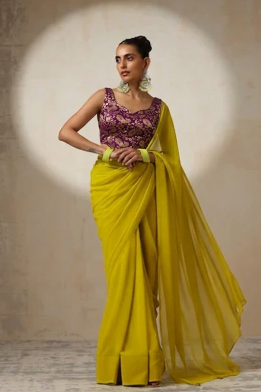 Dhiyona ST With Stitched Blouse - Purple Brocade Blouse with Yellow Chiffon Saree (Blouse has sleeve attached)
