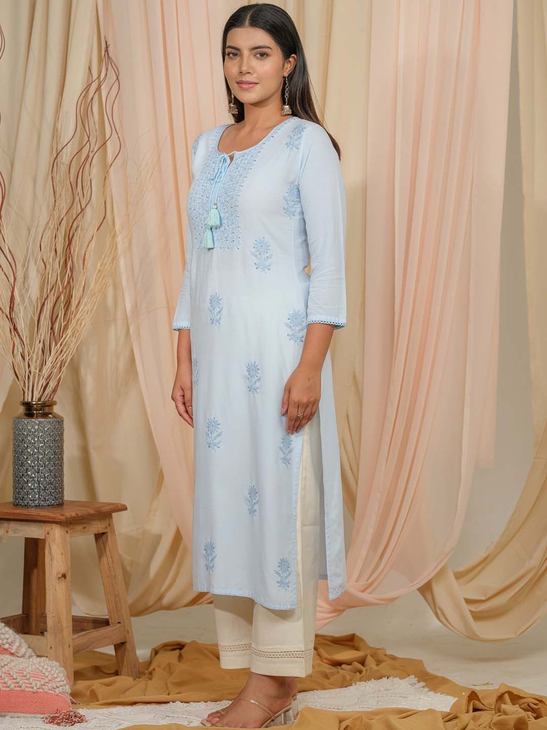 Dhiyona OD  Floral Embroidered Tie-Up Neck Straight Kurta