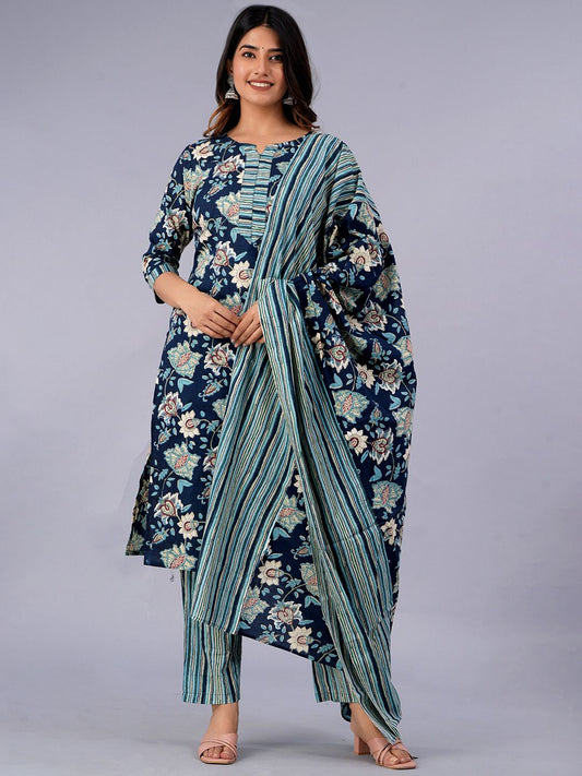 Dhiyona KL Ethnic Motifs Printed Pure Cotton Kurta With Trousers & With Dupatta