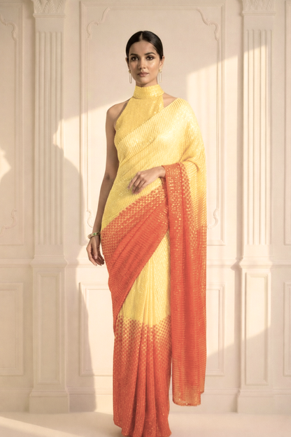 Dhiyona ST Yellow and Orange Ombre' Knitted Sequin Saree with Blouse Fabric