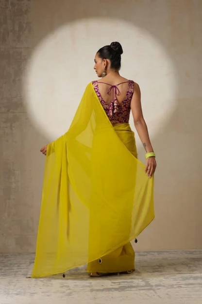 Dhiyona ST With Stitched Blouse - Purple Brocade Blouse with Yellow Chiffon Saree (Blouse has sleeve attached)