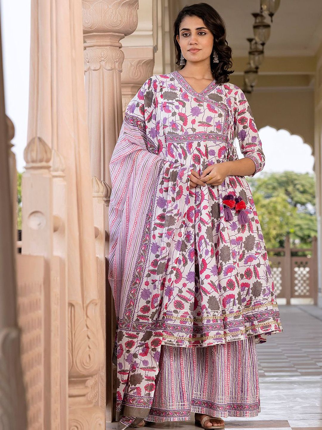 Dhiyona KL Floral Printed Angrakha Pure Cotton A-Line Kurta With Palazzo & Dupatta