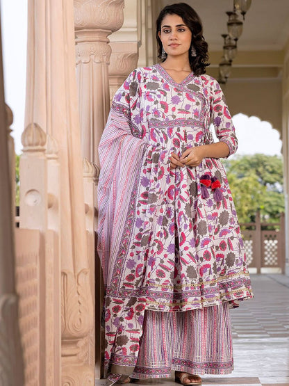Dhiyona KL Floral Printed Angrakha Pure Cotton A-Line Kurta With Palazzo & Dupatta