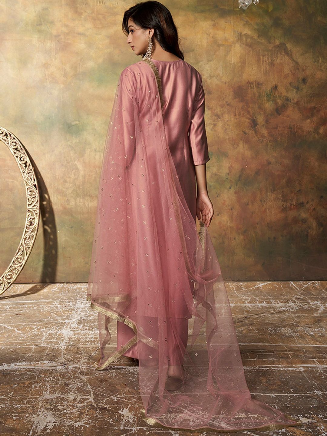 Dhiyona IN Floral Yoke Design Regular Pure Silk Kurta With Palazzos & Dupatta
