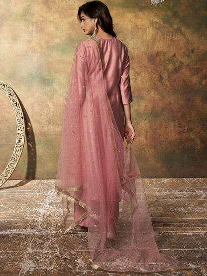 Dhiyona IN Floral Yoke Design Regular Pure Silk Kurta With Palazzos & Dupatta