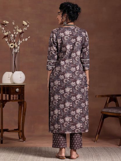 Floral Printed Notch Neck Straight Kurta With Trousers