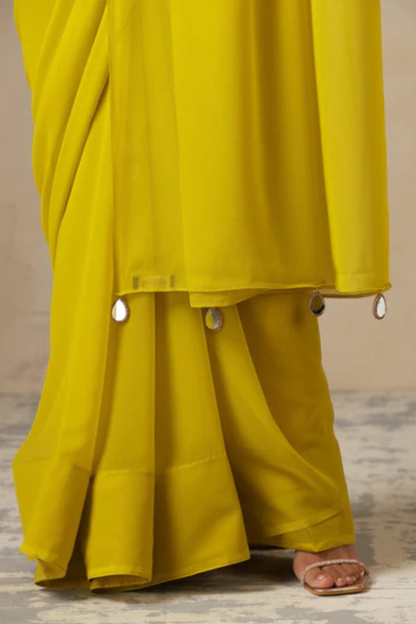 Dhiyona ST With Stitched Blouse - Purple Brocade Blouse with Yellow Chiffon Saree (Blouse has sleeve attached)