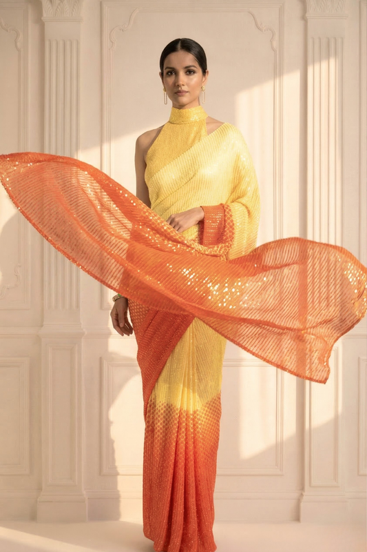 Dhiyona ST Yellow and Orange Ombre' Knitted Sequin Saree with Blouse Fabric