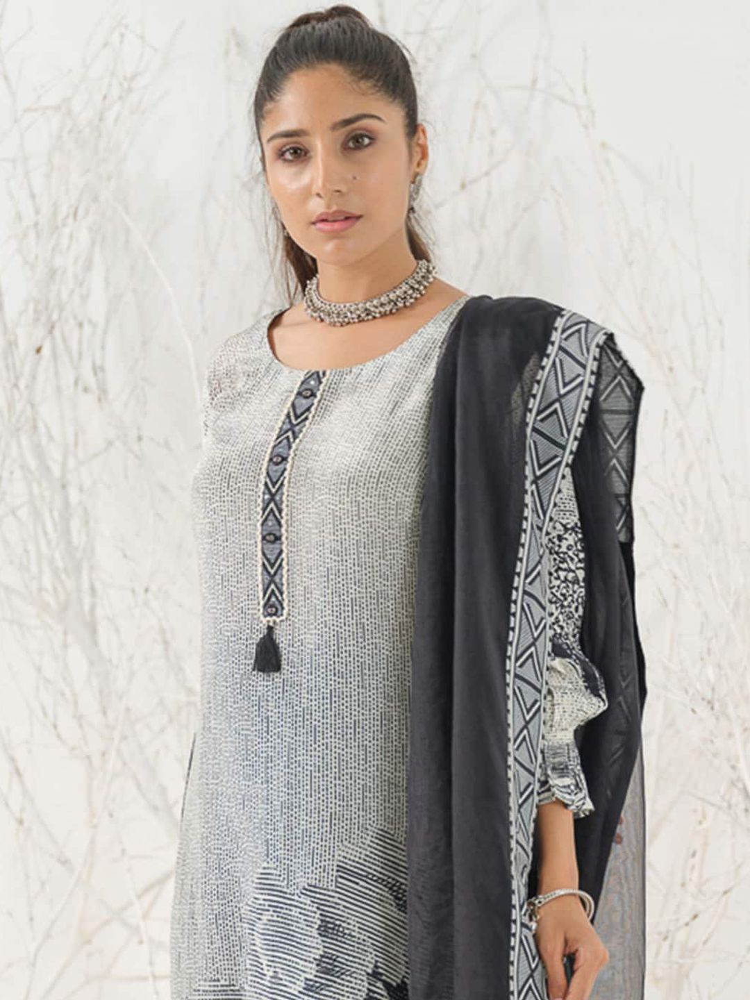 Dhiyona IS Women's Abstract Printed Linen Straight Kurta with Trousers & Dupatta