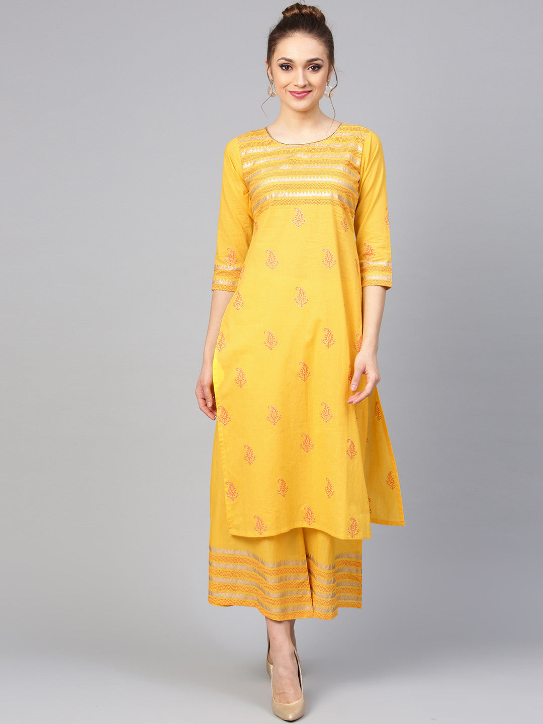 Women Yellow Block Print Kurta with Palazzos