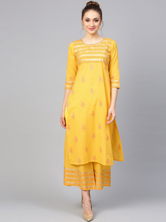 Women Yellow Block Print Kurta with Palazzos