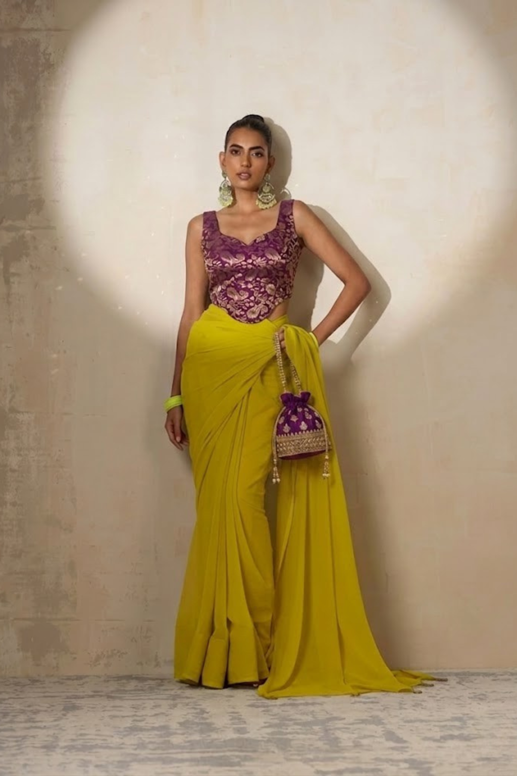 Dhiyona ST With Stitched Blouse - Purple Brocade Blouse with Yellow Chiffon Saree (Blouse has sleeve attached)