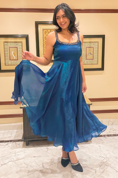 Dhiyona ST 3 Pc Set -  Peacock Satin Sleeveless Anarkali Suit with Black Glass Beads Neckline with Pants and Dupatta