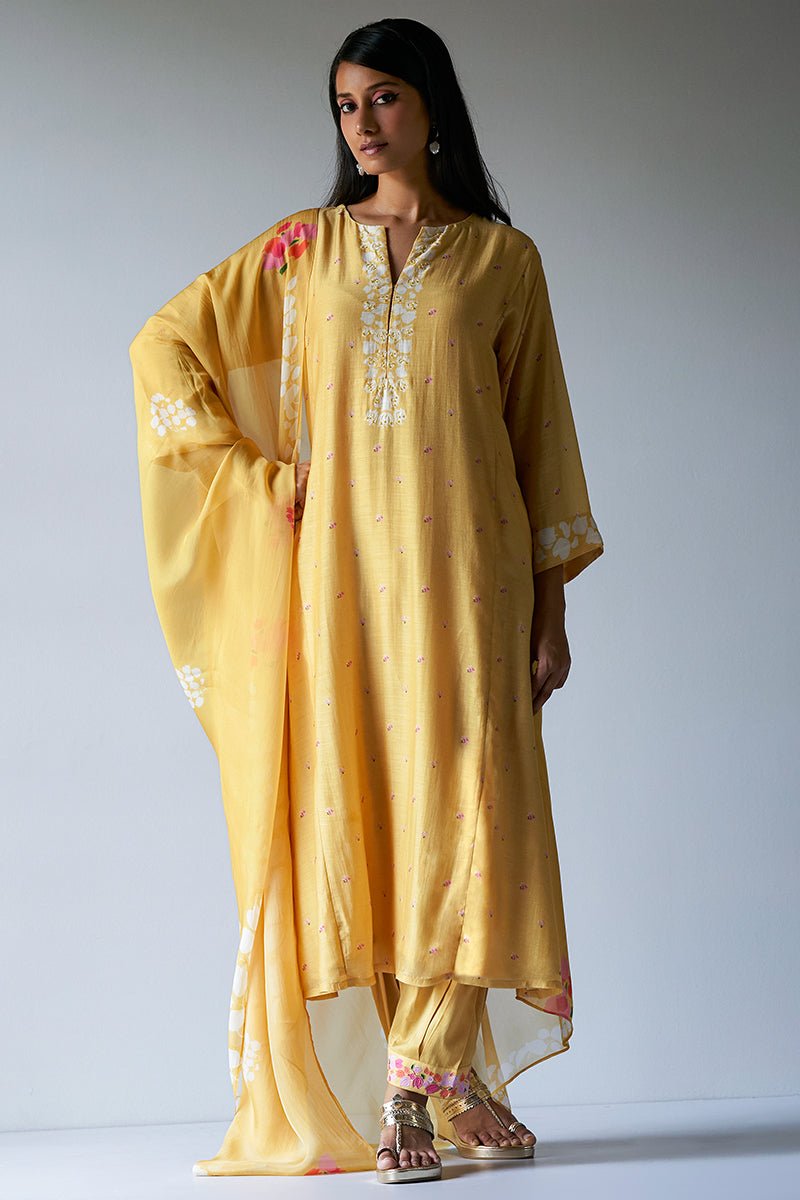 Women's Yellow Bemberg Silk Printed Salwar Suit With Delicate Hand Embroidery on Top and Bottom