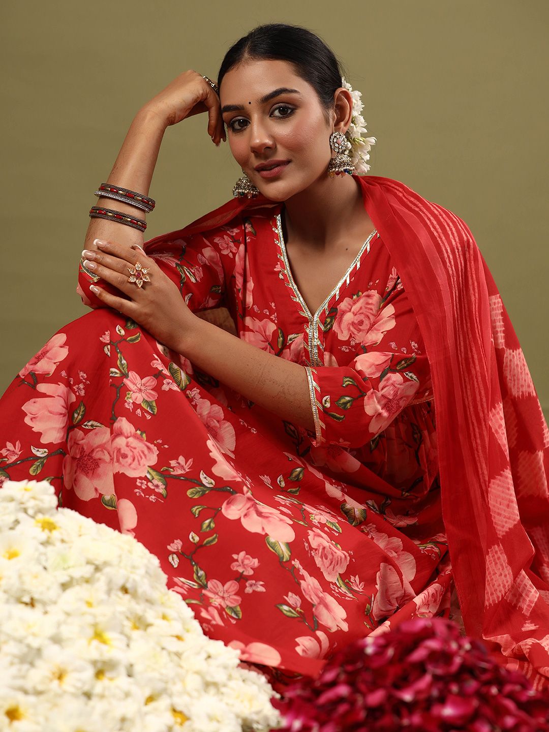 Dhiyona IE Floral Printed Empire Gotta Patti Pure Cotton Kurta with Trousers & Dupatta