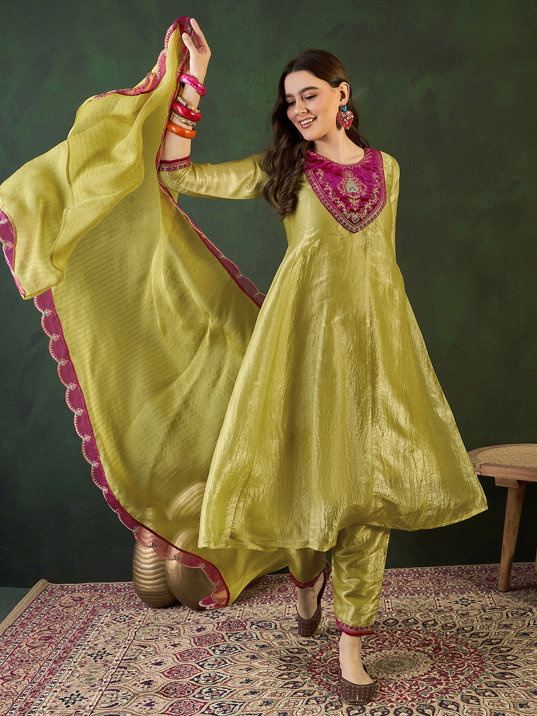 Floral Embroidered A-Line Kurta Trouser With Dupatta