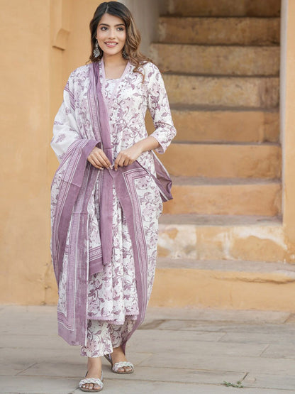 Dhiyona KL Floral Printed V-Neck Thread Work Anarkali Cotton Kurta with Trousers & Dupatta