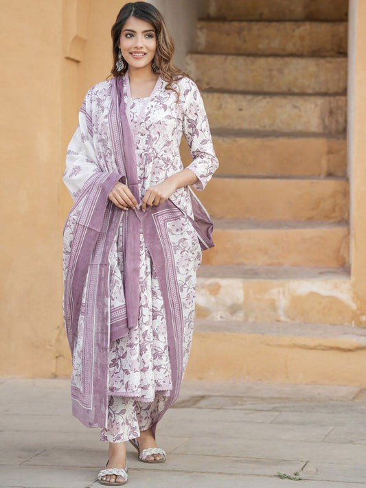 Dhiyona KL Floral Printed V-Neck Thread Work Anarkali Cotton Kurta with Trousers & Dupatta