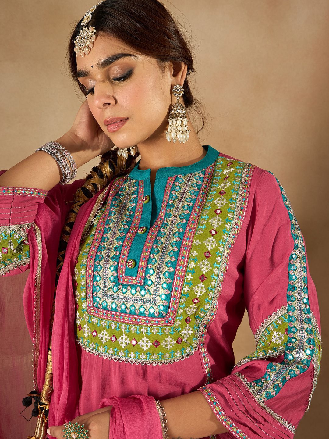 Dhiyona IE Women Ethnic Motifs Embroidered Regular Kurta with Trousers & Dupatta
