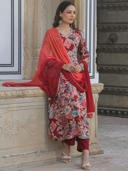 Dhiyona RR Women's Floral Printed V-Neck Gotta Patti A-Line Kurta & Trousers With Dupatta