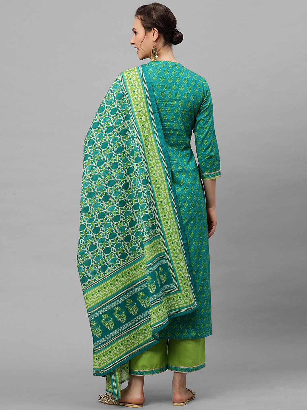 Women Green Ethnic Motifs Printed Pure Cotton Kurta with Palazzos & With Dupatta
