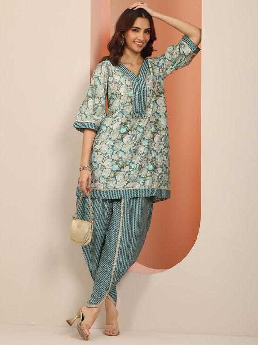Women Floral Printed Regular Gotta Patti Kurti with Dhoti Pants