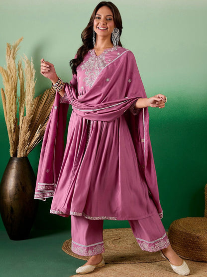 Dhiyona SN Embroidered Sequined A-Line Kurta With Palazzos & Dupatta