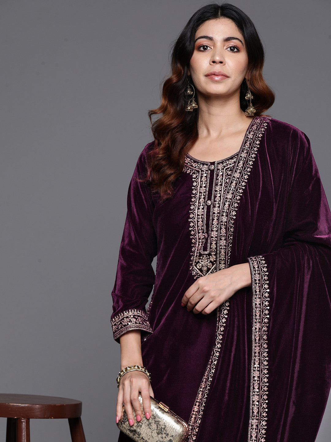 Women Floral Yoke Design Regular Sequinned Velvet Kurta with Palazzos & Dupatta