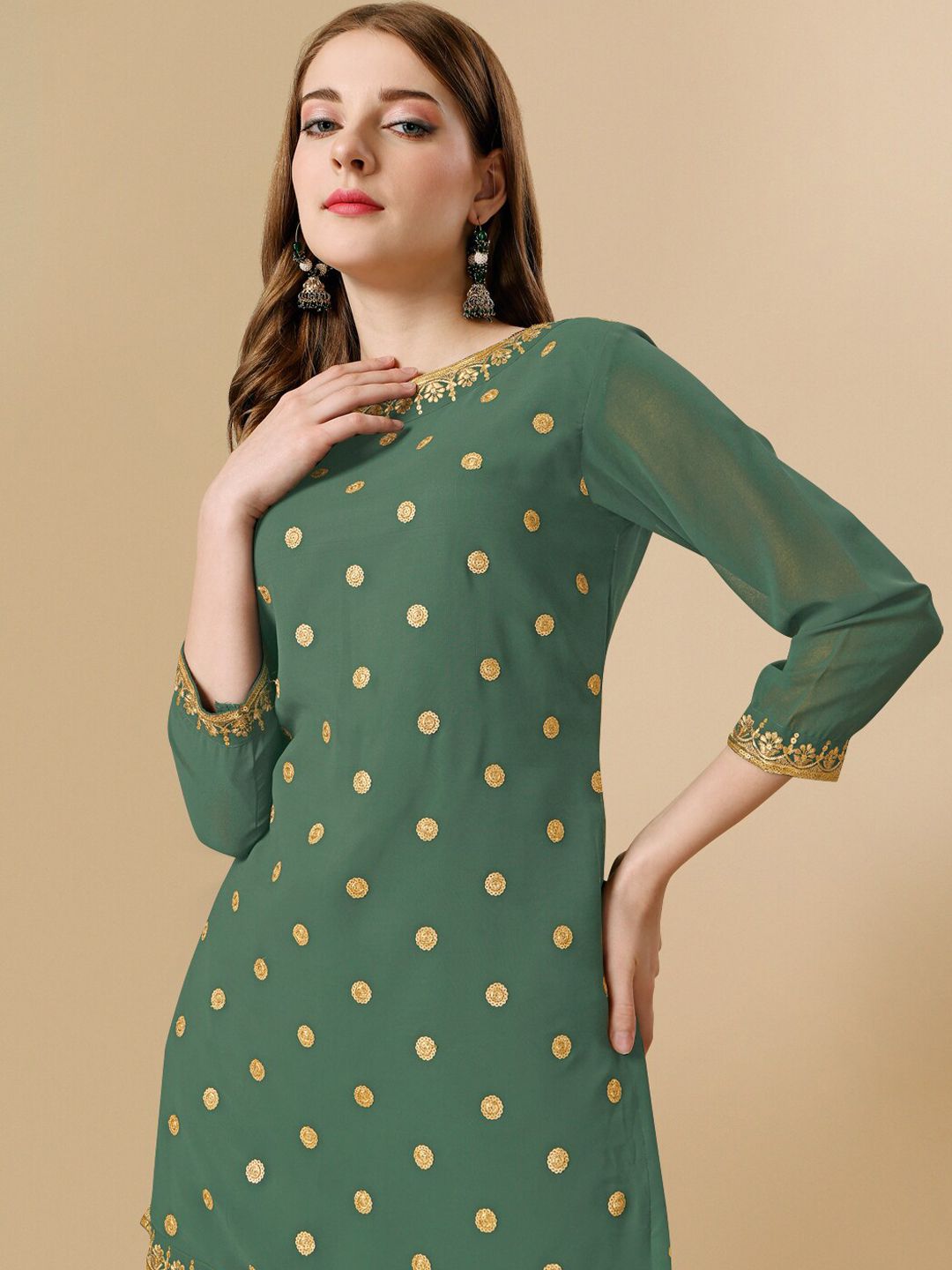 Dhiyona IN Green Sequinned Georgette Kurta & Sharara With Dupatta