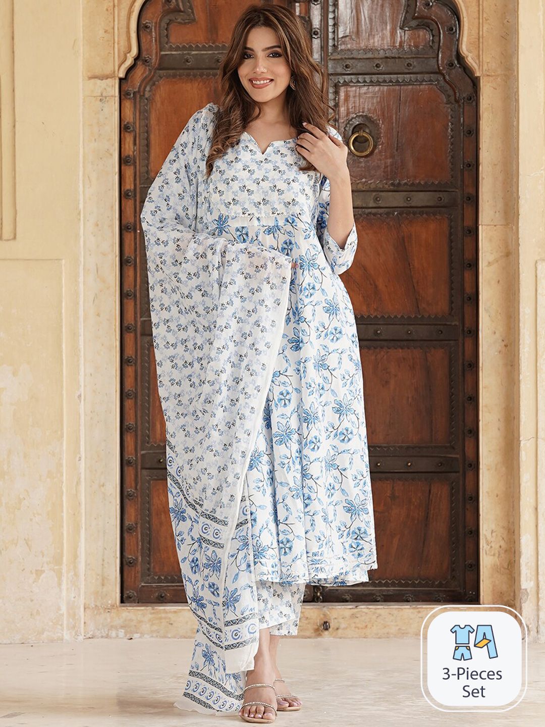 Dhiyona KL Floral Printed Gotta Patti Pure Cotton Anarkali Kurta with Trousers & Dupatta