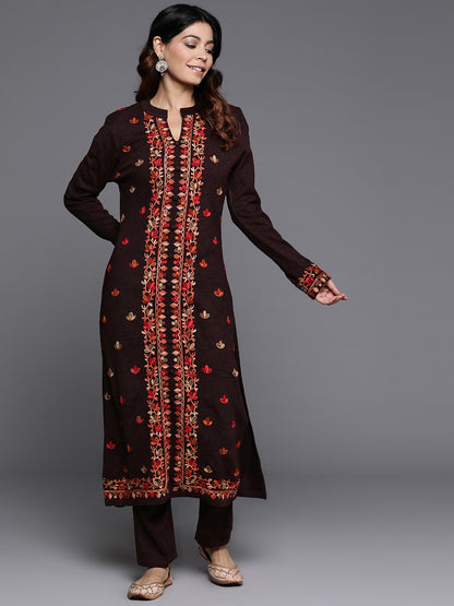 Women Floral Embroidered Regular Thread Work Pure Wool Kurta with Trousers