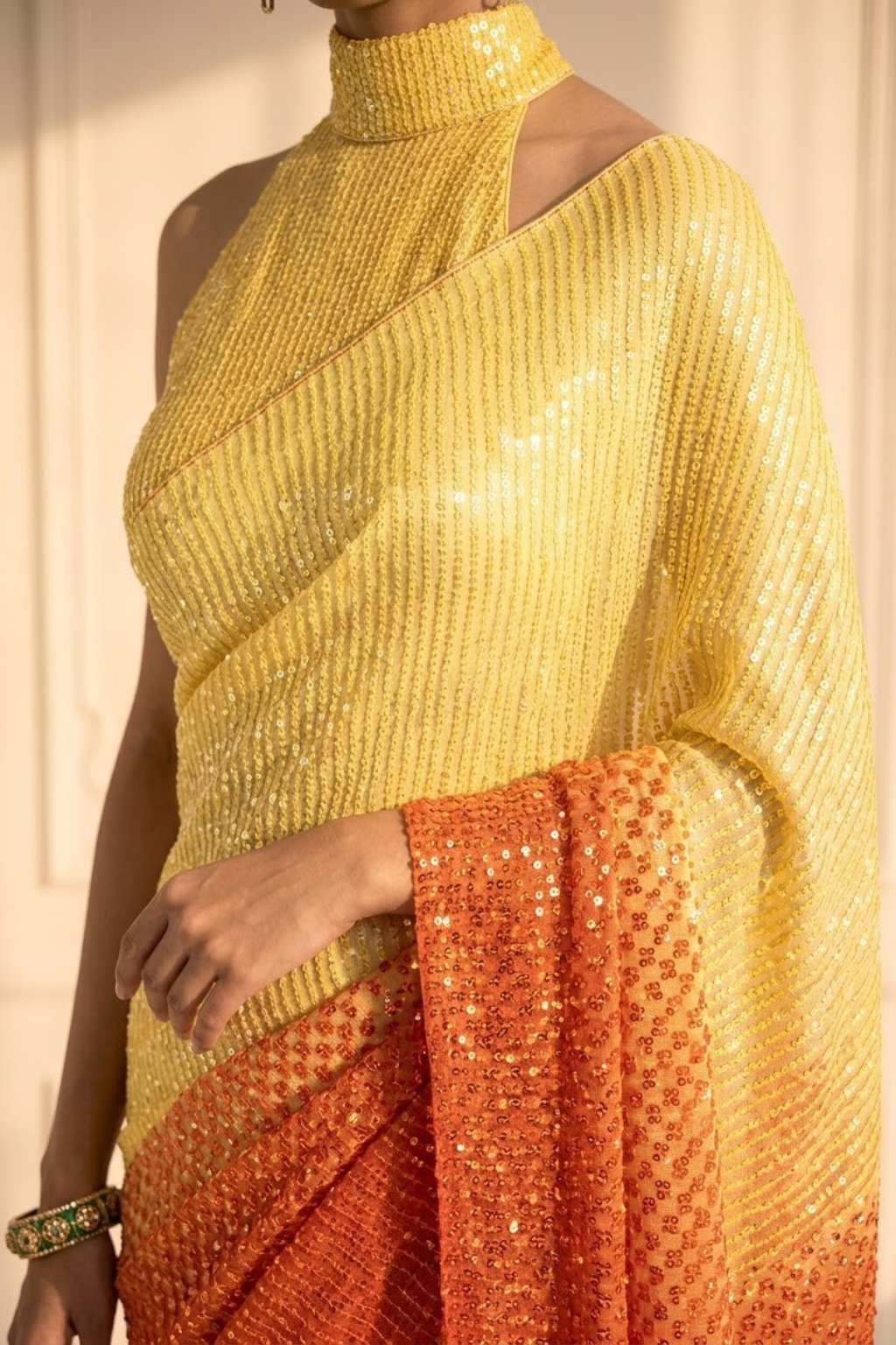 Dhiyona ST Yellow and Orange Ombre' Knitted Sequin Saree with Blouse Fabric