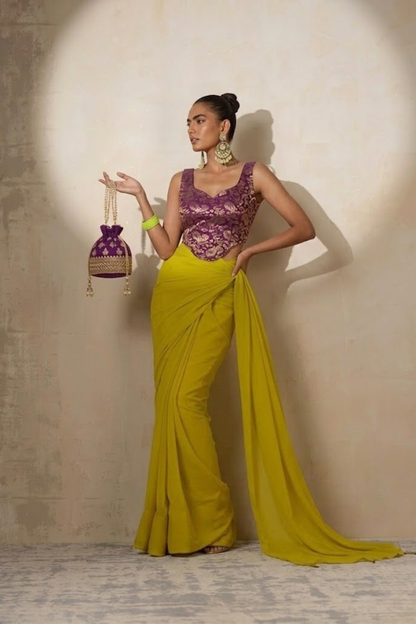 Dhiyona ST With Stitched Blouse - Purple Brocade Blouse with Yellow Chiffon Saree (Blouse has sleeve attached)