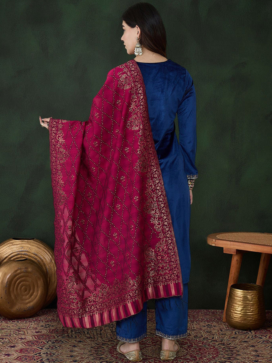 Blue Floral Embroidered Regular Sequinned Velvet Kurta & Trouser With Dupatta