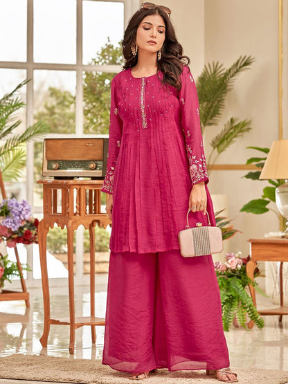 Pink Floral Embroidered Thread Work Chanderi Cotton A-Line Kurta With Palazzos