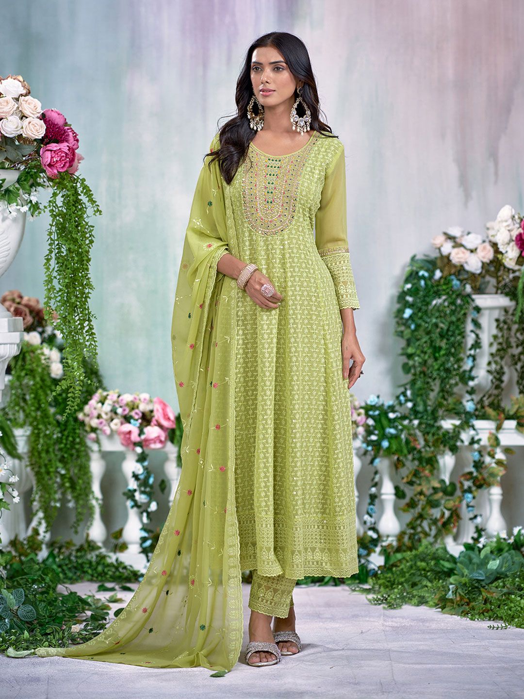 Dhiyona CH Ethnic Motifs Embroidered Thread Work Anarkali Kurta With Trousers And Dupatta