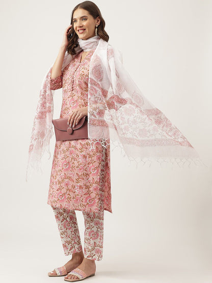 Dhiyona KL Floral Printed V-Neck Pure Cotton Straight Kurta & Trouser With Dupatta