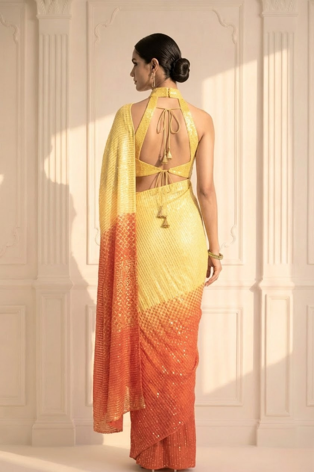 Dhiyona ST Yellow and Orange Ombre' Knitted Sequin Saree with Blouse Fabric