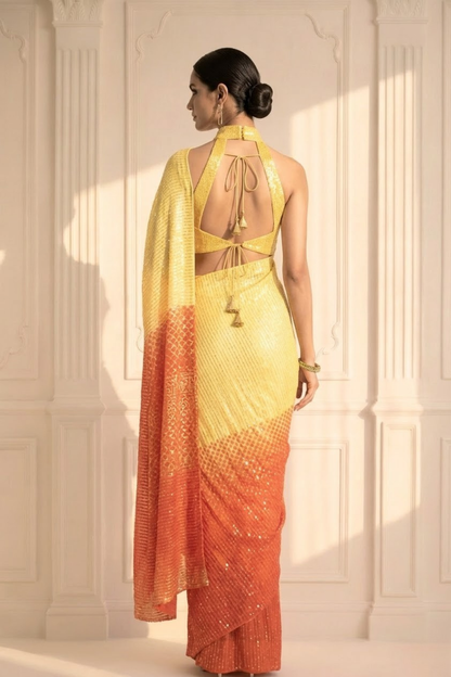 Dhiyona ST Yellow and Orange Ombre' Knitted Sequin Saree with Blouse Fabric