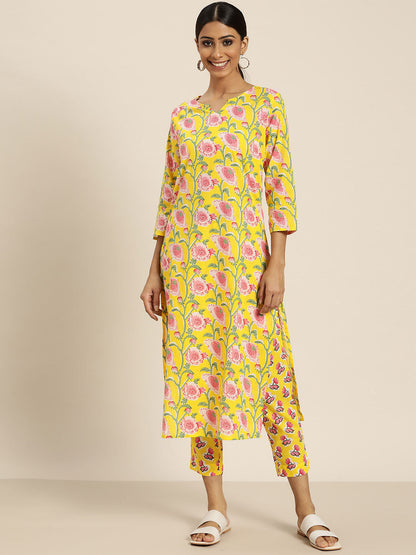Women Yellow & Pink Ethnic Motifs Printed Cotton Kurta with Trousers