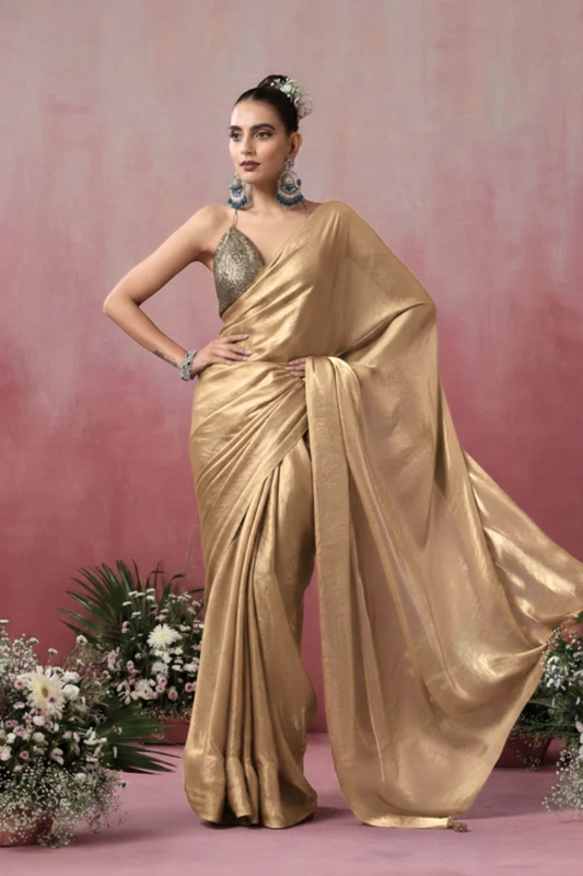 Dhiyona ST Champagne Gold Chiffon Saree with Pendants with Self Blouse Fabric