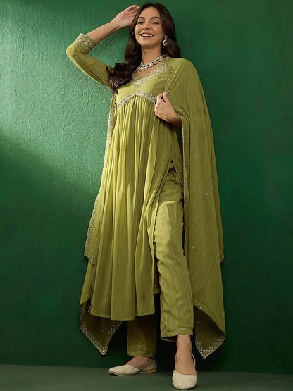 Floral Embroidered Alia Cut Kurta With Trouser & Dupatta