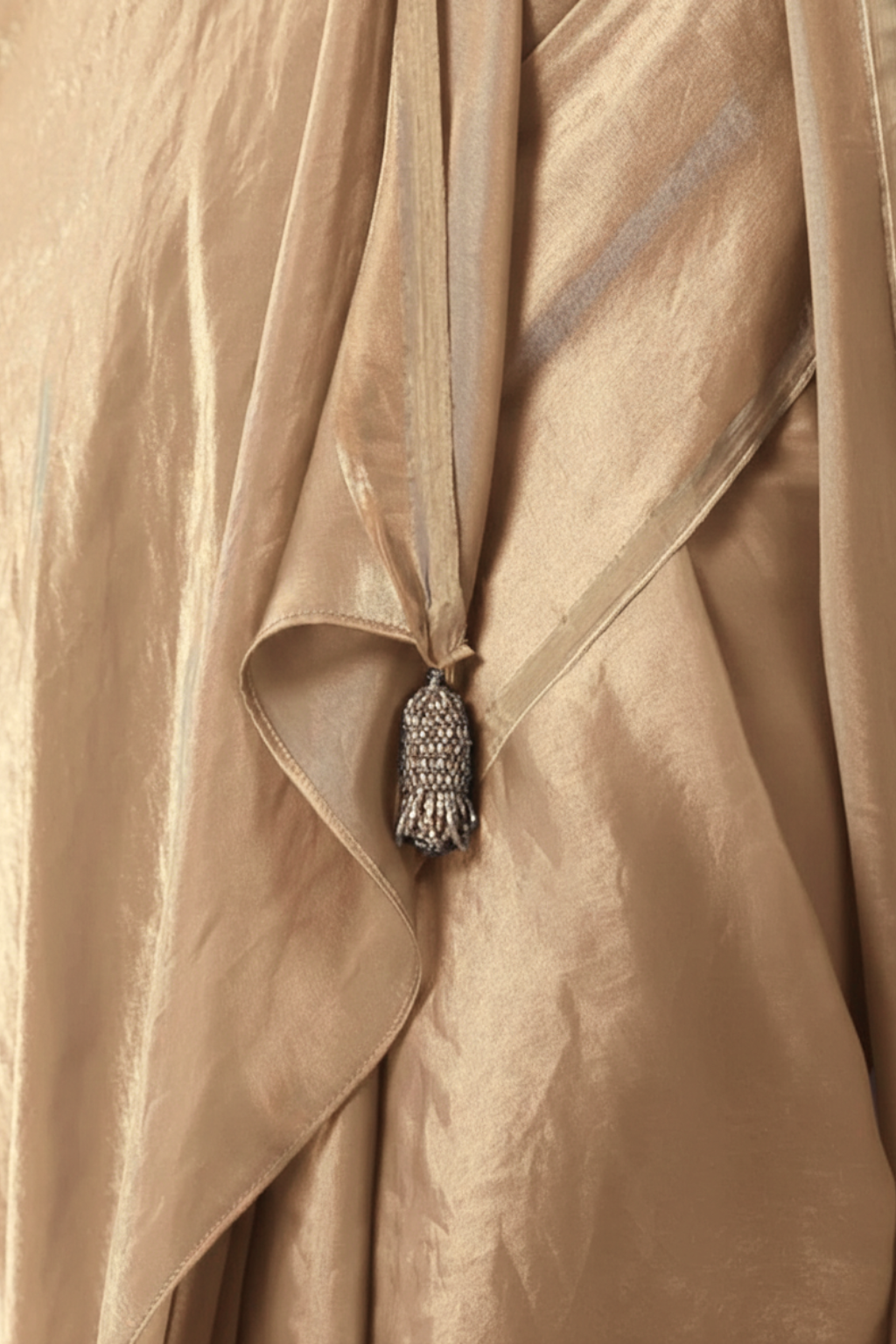 Dhiyona ST Champagne Gold Chiffon Saree with Pendants with Self Blouse Fabric