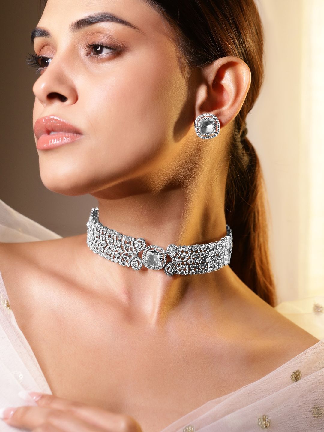 Dhiyona RJ Women's Rhodium-Plated Cubic Zirconia-Studded Choker Jewellery Set