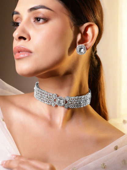 Dhiyona RJ Women's Rhodium-Plated Cubic Zirconia-Studded Choker Jewellery Set