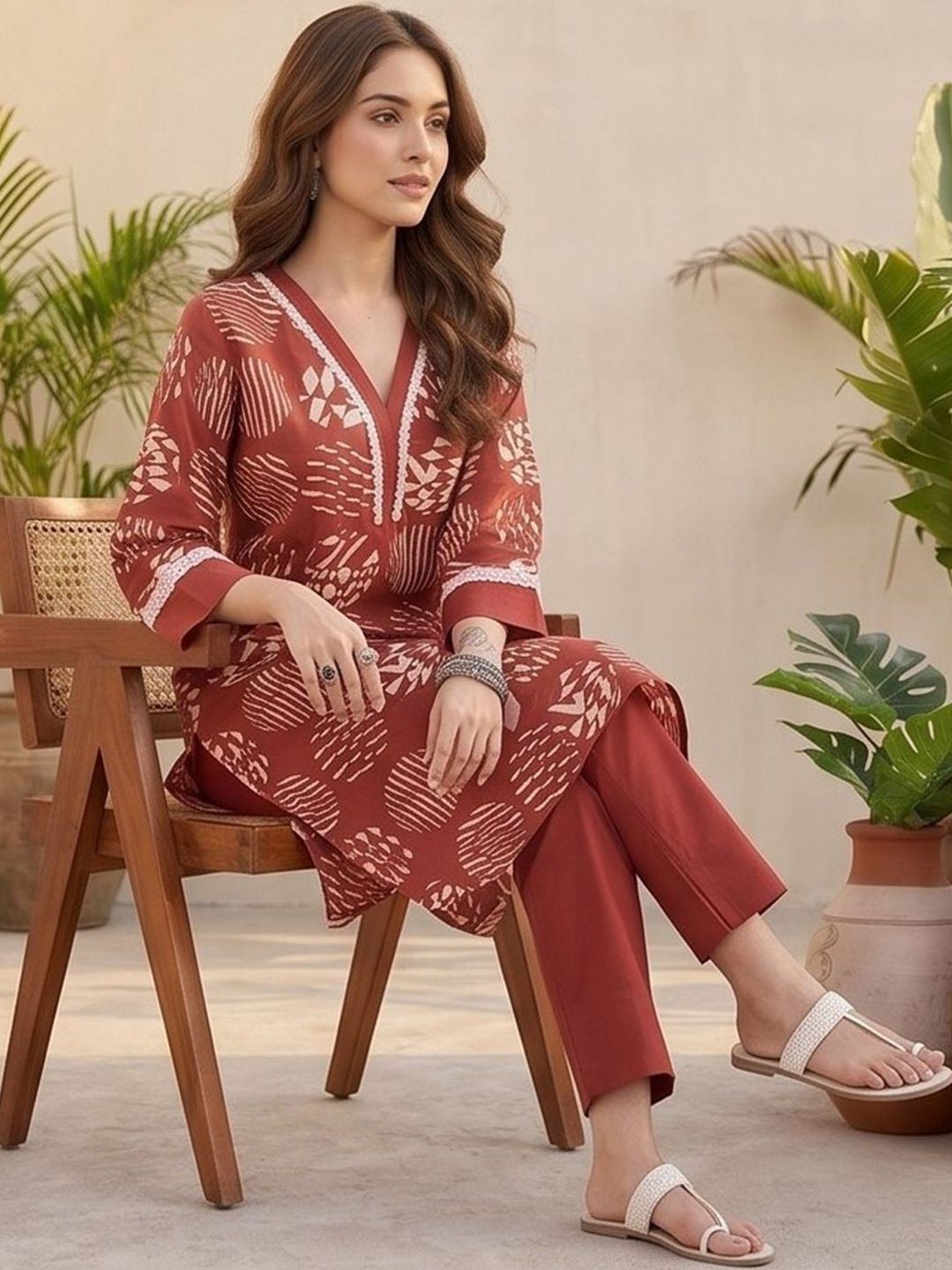 Red Women Printed Regular Kurta with Trousers
